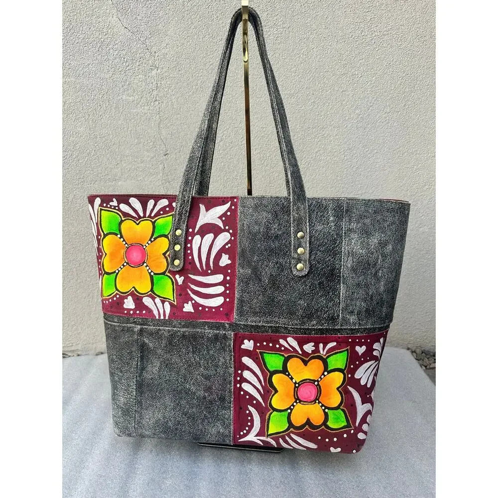 EUC Hand Painted Floral Distressed Patchwork Tote Bag Boho Artisan